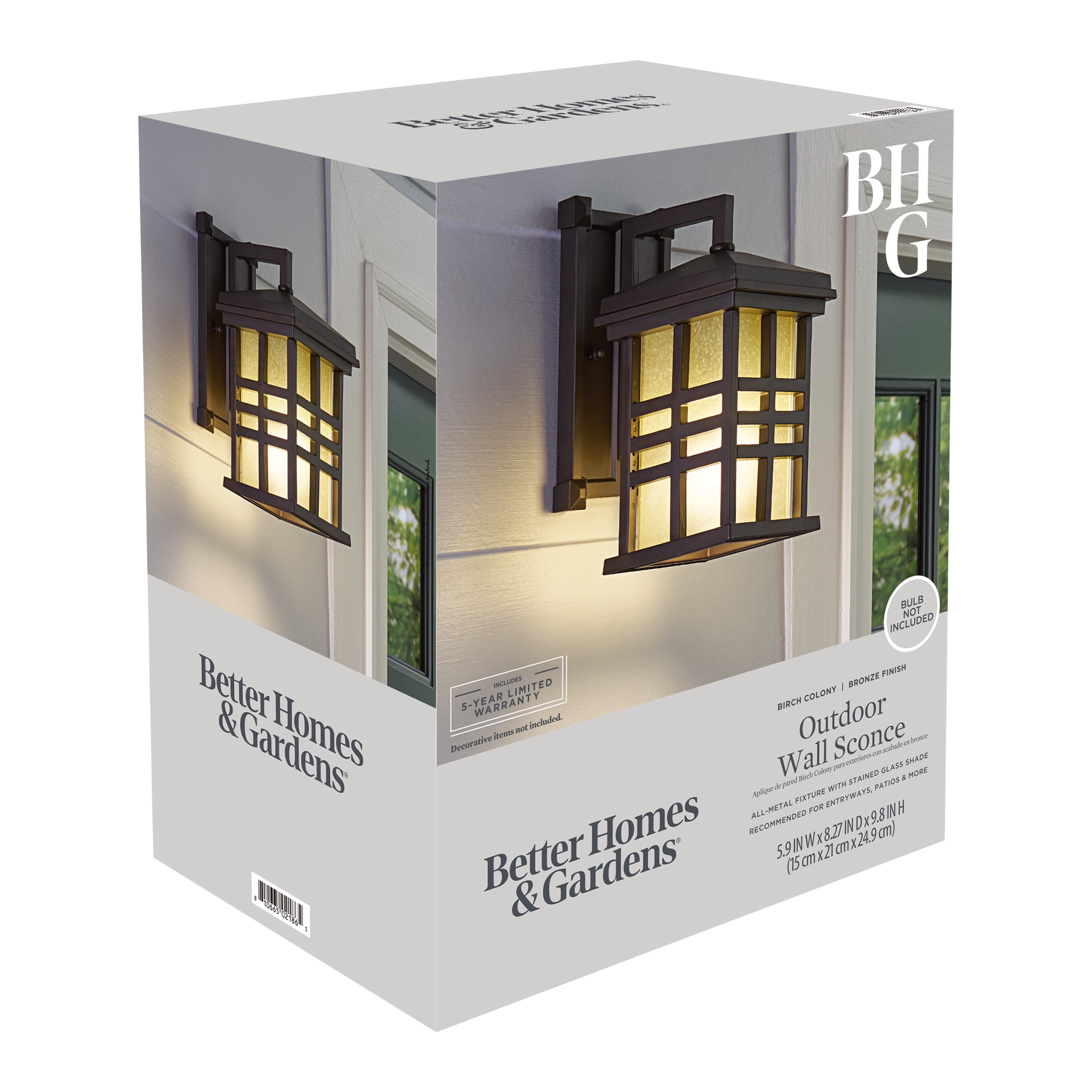 Better Homes & Gardens 9.8" Farmhouse Bronze Outdoor Wall Light, Metal Fixture Stained Glass Shade