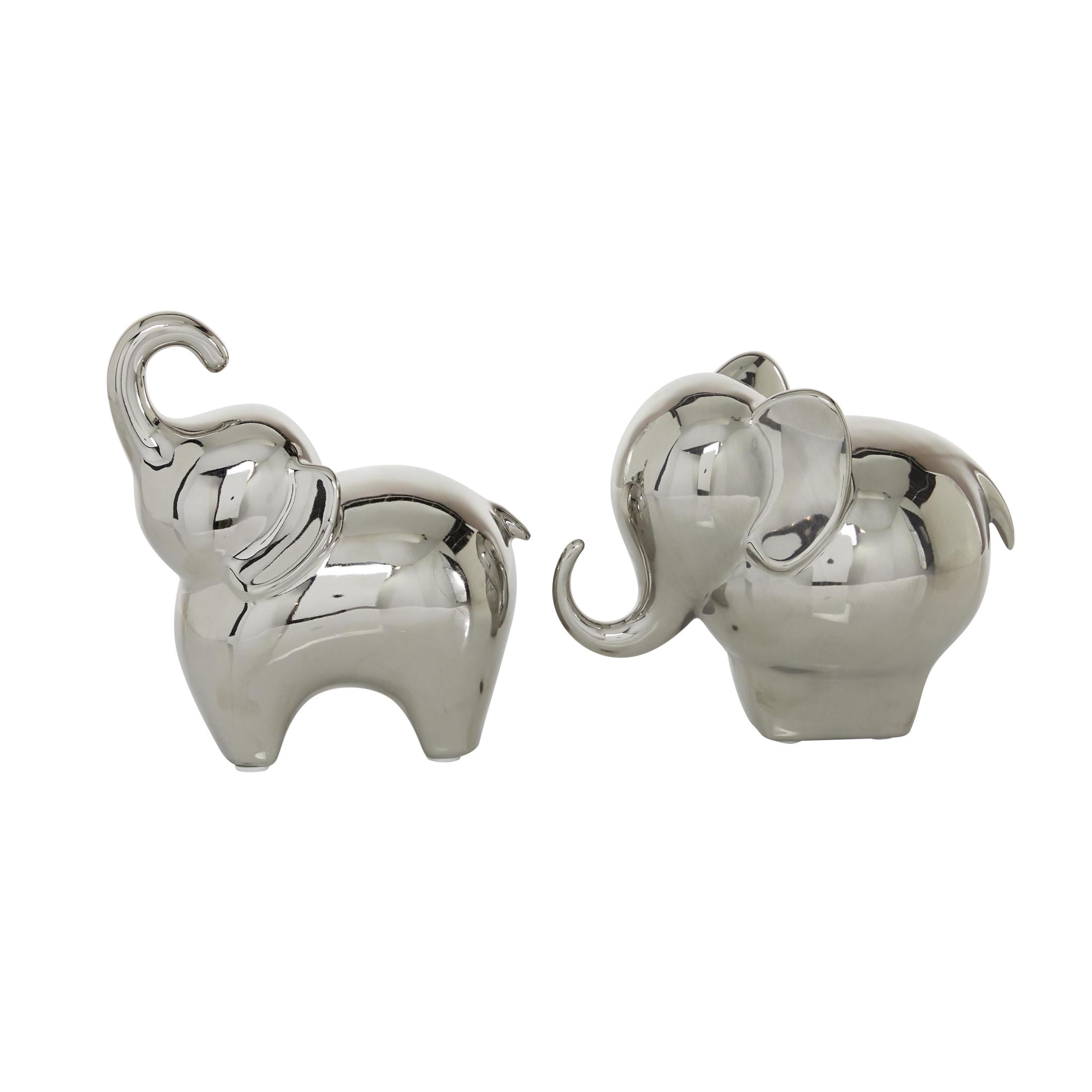 6", 7"H Silver Porcelain Ceramic Elephant Sculpture, by DecMode (2 Count)