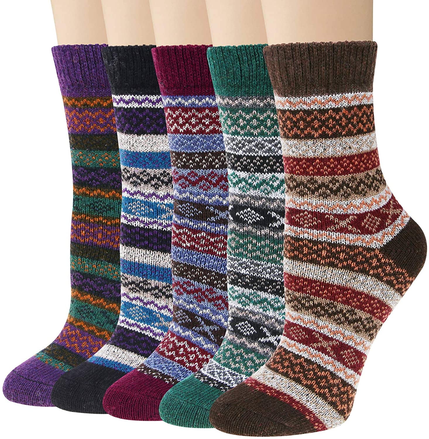 5 Pairs Womens Wool Socks Vintage Soft Cabin Warm Socks Thick Knit Cozy