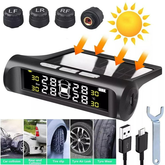 Tire Pressure Monitoring System, Wireless Solar TPMS with 4 External Sensors & 6 Alarm Modes, Colorful Display