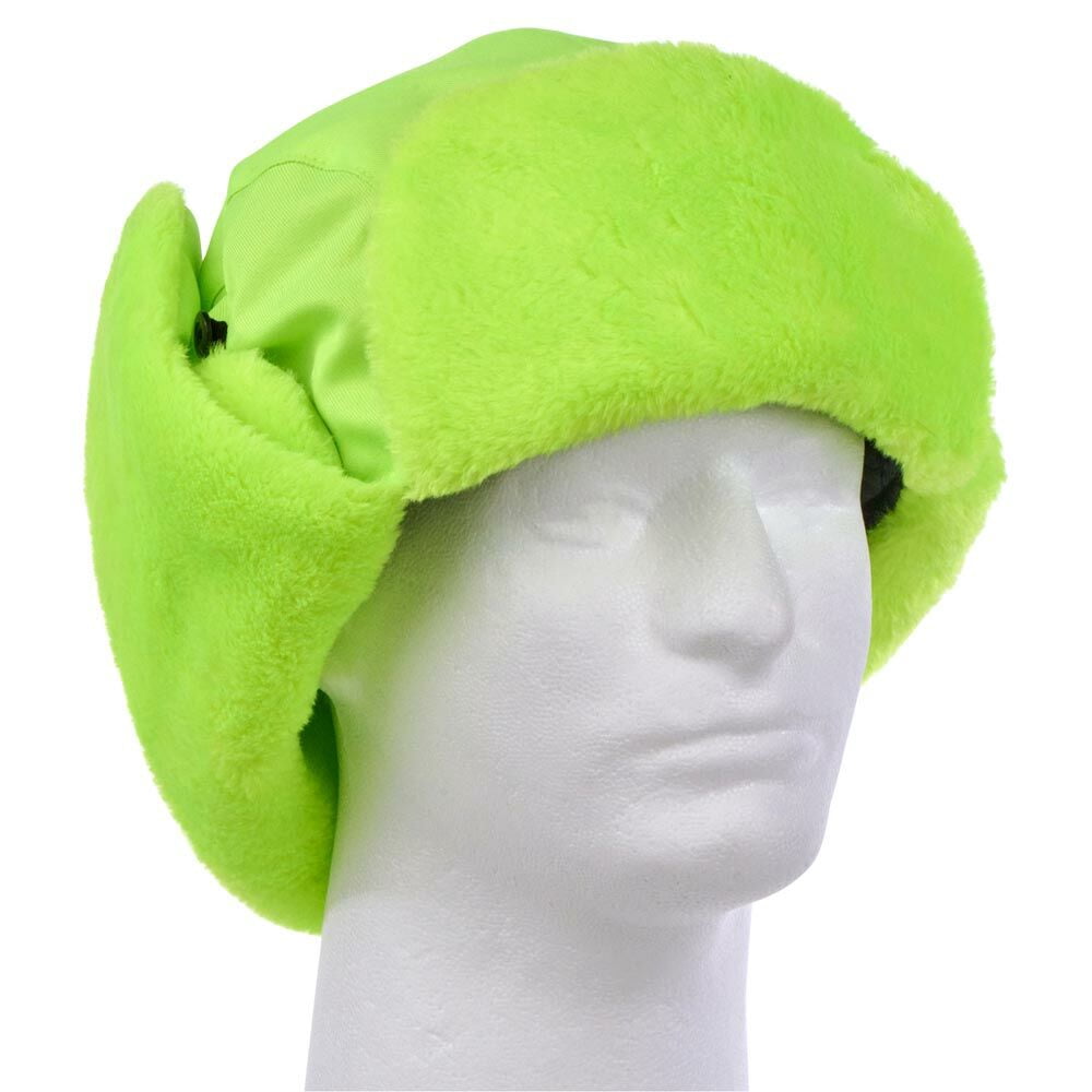 Winter Trapper Hat with Ear Flaps, Faux Fur Lined, Lime Green