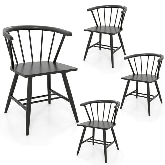 Gymax Windsor Dining Chair Set of 4 w/Rubber Wood Frame Curved Spindle Back & Armrest