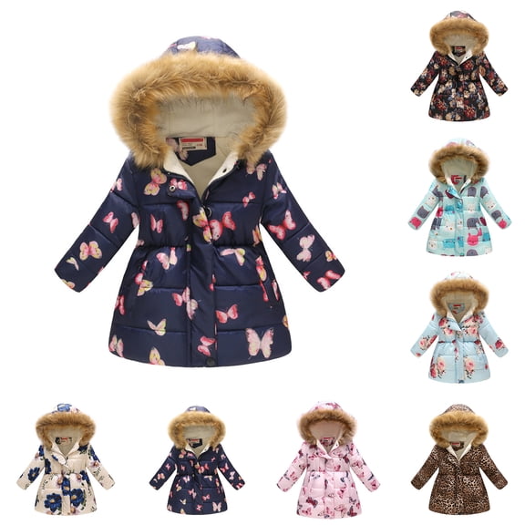 Winter Coat for Girls Hooded Puffer Jacket Kids Girls Cute Print Jacket Zip up Long Sleeve Thicken Waterproof Jacket Kids Girl Jackets Size 8-9 Years