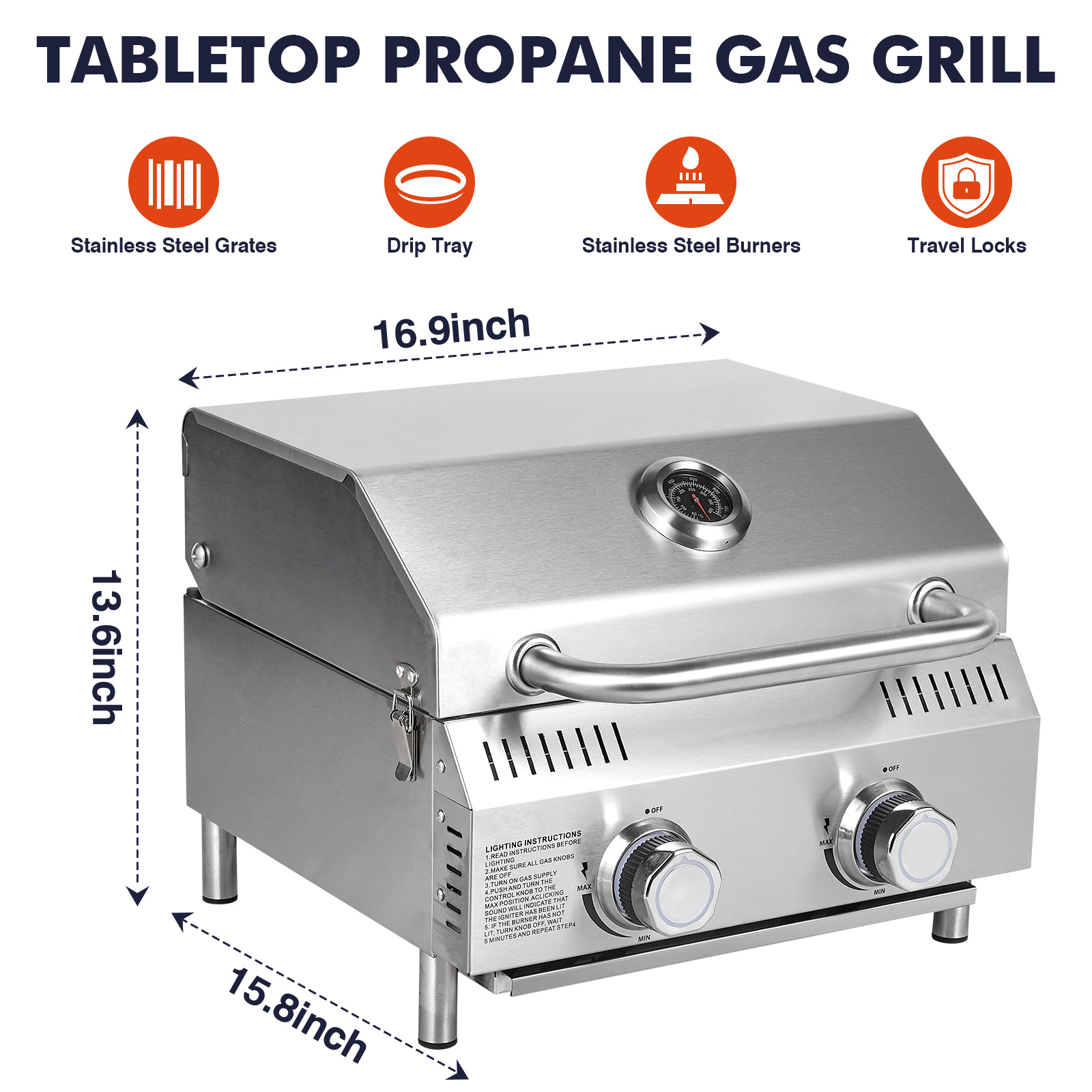 Frizi Portable 2-Burner Tabletop Propane Grill for Patio, 20,000 BTU, Stainless Steel, Camping & Tailgating