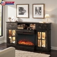 thumbnail image 2 of Hassch 58" Fireplace TV Stand with 25" Electric Fireplace, LED Media Entertainment Center with Glass Doors & 2 Drawers, Rustic Wood Storage Cabinet for Living Room, Black Oak, 2 of 7