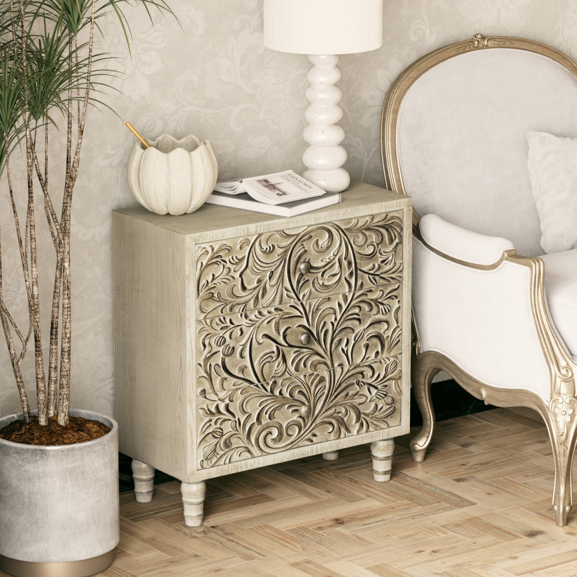 COZAYH 3 Drawer Farmhouse Dresser with Embossed Weathered Flower Motif, Vintage Nightstand for Living Room Bedroom, Almost Fully-Assembled, Boho, Weathered White