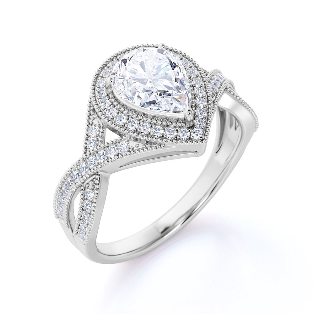 JeenMata Milgrain Decorative - 1.25 Carat Teardrop Moissanite - Pave Crossover - Halo Engagement Ring - 18K White Gold Plating for Women