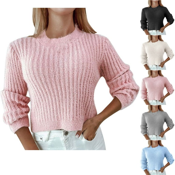 Ashirexll Sweaters for Women Trendy Pullover Sweaters Womens Comfortable Casual Solid Color Long Sleeve Round Neck Sweater Soft Warm Womens Blouse