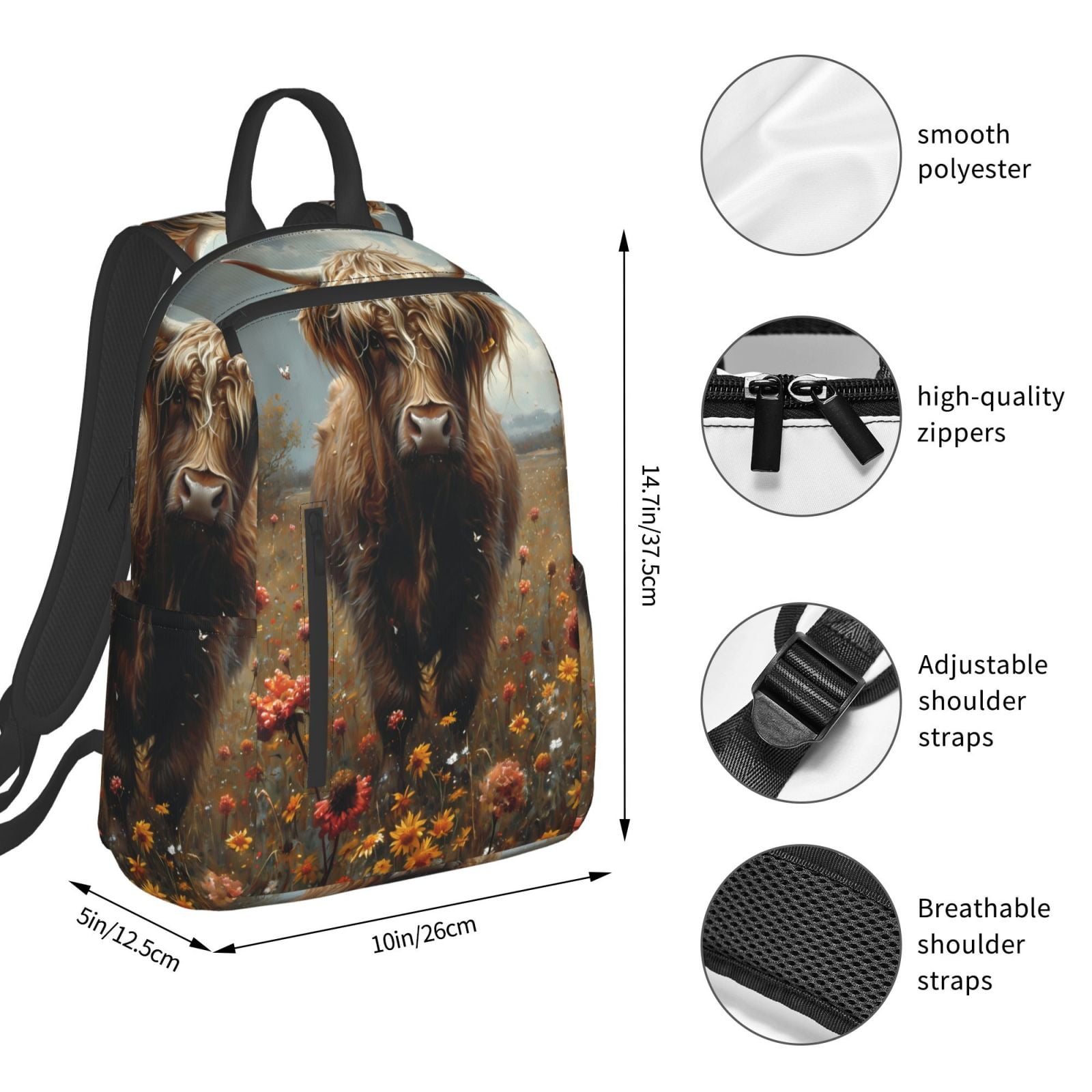 Xecao Grassland Sunflower Cow print Backpack For women men Aesthetic Lightweight Travel Daypack Simple Cute Backpack For Bookbag