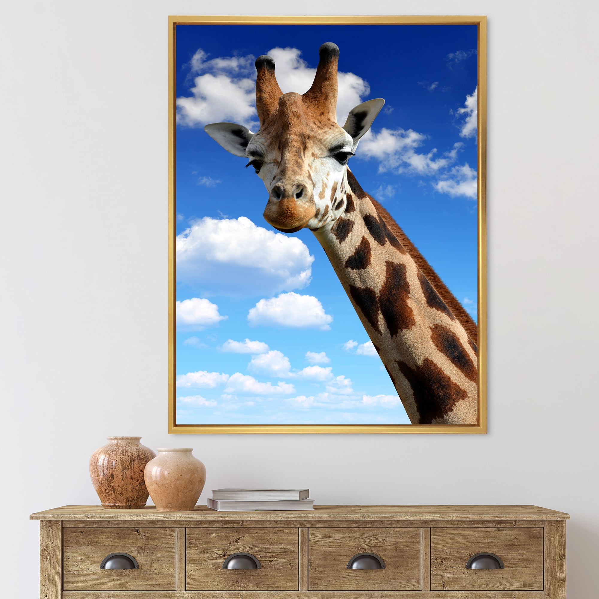 Designart 'A Giraffe On A Blue Sky Portrait' Farmhouse Framed Canvas Wall Art Print