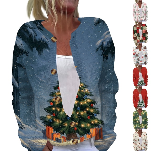 Lumtrix Womens Xmas Knit Cardigan Sweater Christmas Tree Print Long Sleeve Button Down Cardigan Winter Holiday Xmas Party Crewneck Tops Navy L