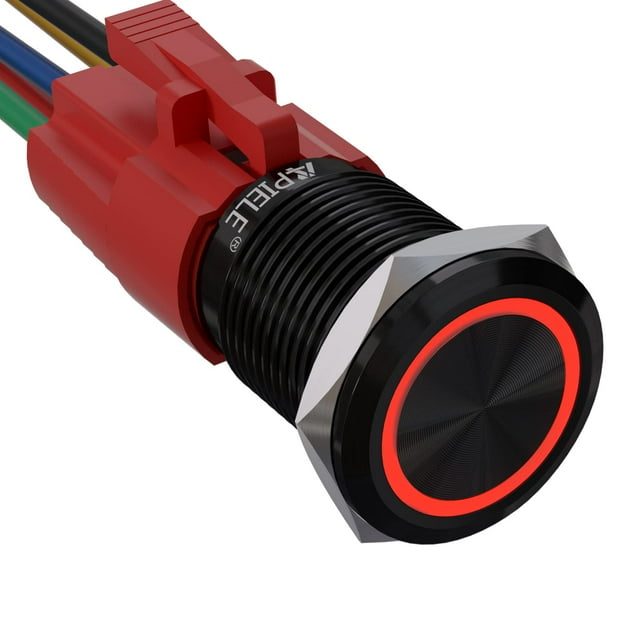 APIELE 16mm Latching Push Button Switch 12V Dc On Off Black Shell with LED Angel Eye Head for 063 Mounting Hole with Wire Socket Plug Self-Locking (RedBlack Shell)