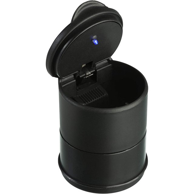 Cenicero Portavasos Plástico con Tapa y Luz LED - Accesorio Interior Coche - Camping Car - Luz LED - Porta Cigarros - Color Negro TUNC Sencillez