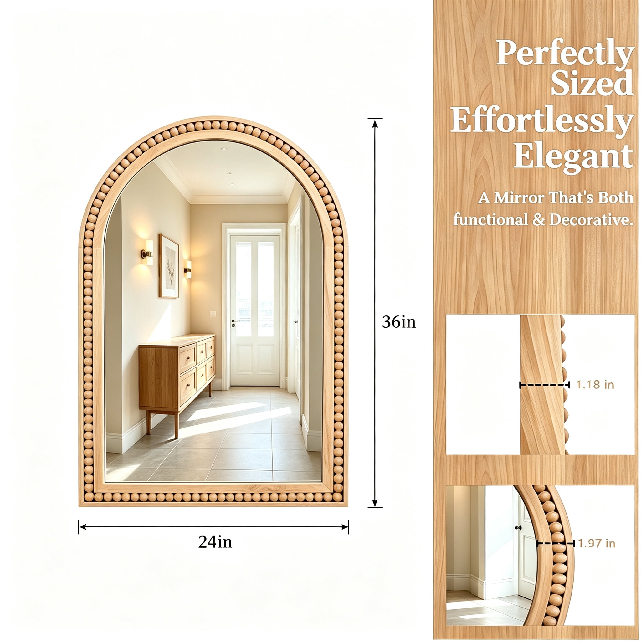 Leumius 36"x 24" Arched Bathroom Mirror Wall Mirror with Wooden Frame,Rustic Farmhouse Decor Mirror for Entryway, Bathroom & Living Room,Natural