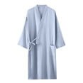 thumbnail image 2 of Puntoco Women's V-Neck Crinkle Cotton Gauze Wrap Robe, 3/4 Sleeve Breathable Sleep Bathrobe with Tie Belt & Pocket Sky Blue L, 2 of 3