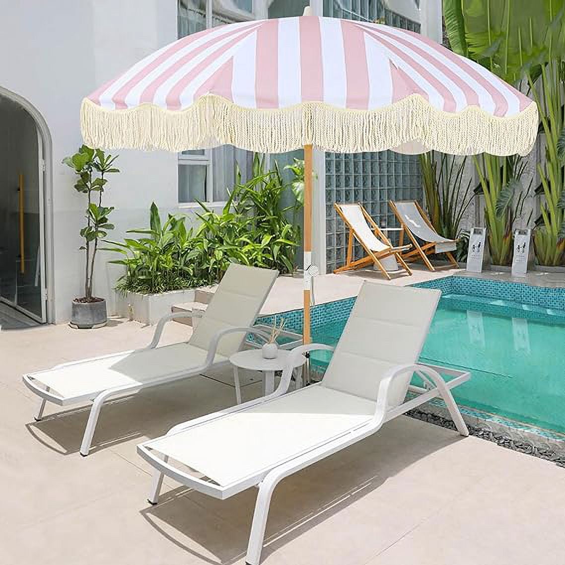 Boho 6ft Pink Stripe Round Patio Beach Umbrella, UPF 50+, Fringe, Adjustable Tilt, Waterproof