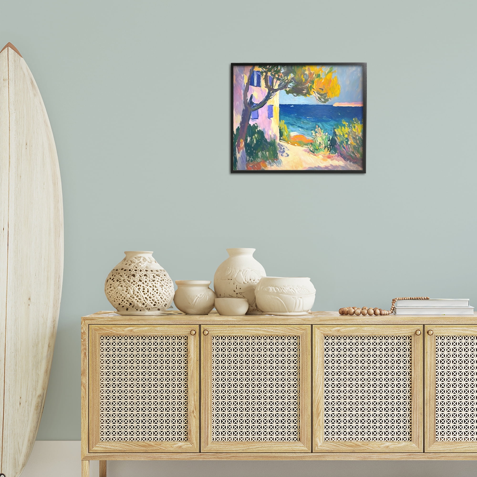 Stupell Industries House On Coastline Coastal Painting Black Framed Art Print Wall Art, 20 x 16