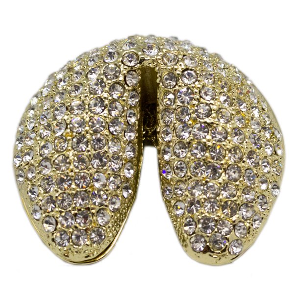 Rhinestone Bedazzled Gold Tone Fortune Cookie Jewelry Keepsake Box