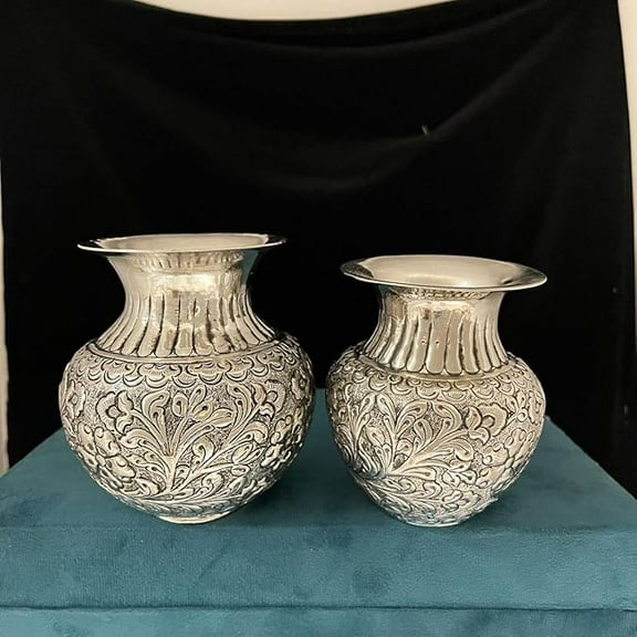 Silver plated set of 2 fully carved kalash for home décor/ housewarming/ diwali