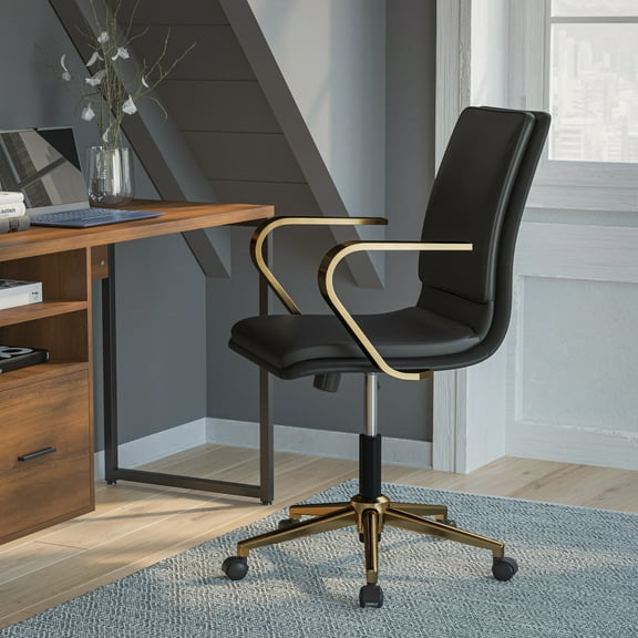 BizChair Mid-Back Designer Executive LeatherSoft Office Chair with Brushed Gold Base and Arms, Black