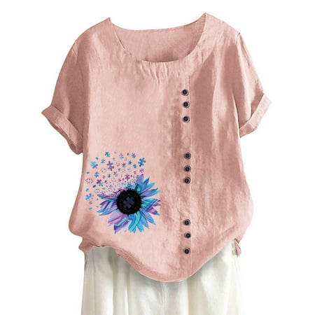 

Women Casual Floral Print Short Sleeve O-Neck Plus Size T-Shirt Top Blouse Round-Neck Corset Tops for Women Pink L