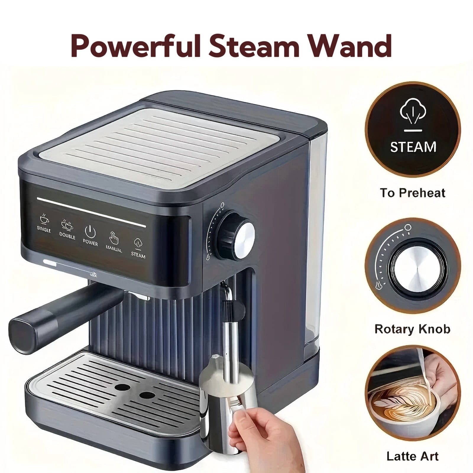 20Bar Espresso Coffee Machine - Semi-Automatic Cappuccino Maker with Milk Frother, Compact Home Coffee Brewer for Ground Coffee & Pods, 1350W Fast Heating