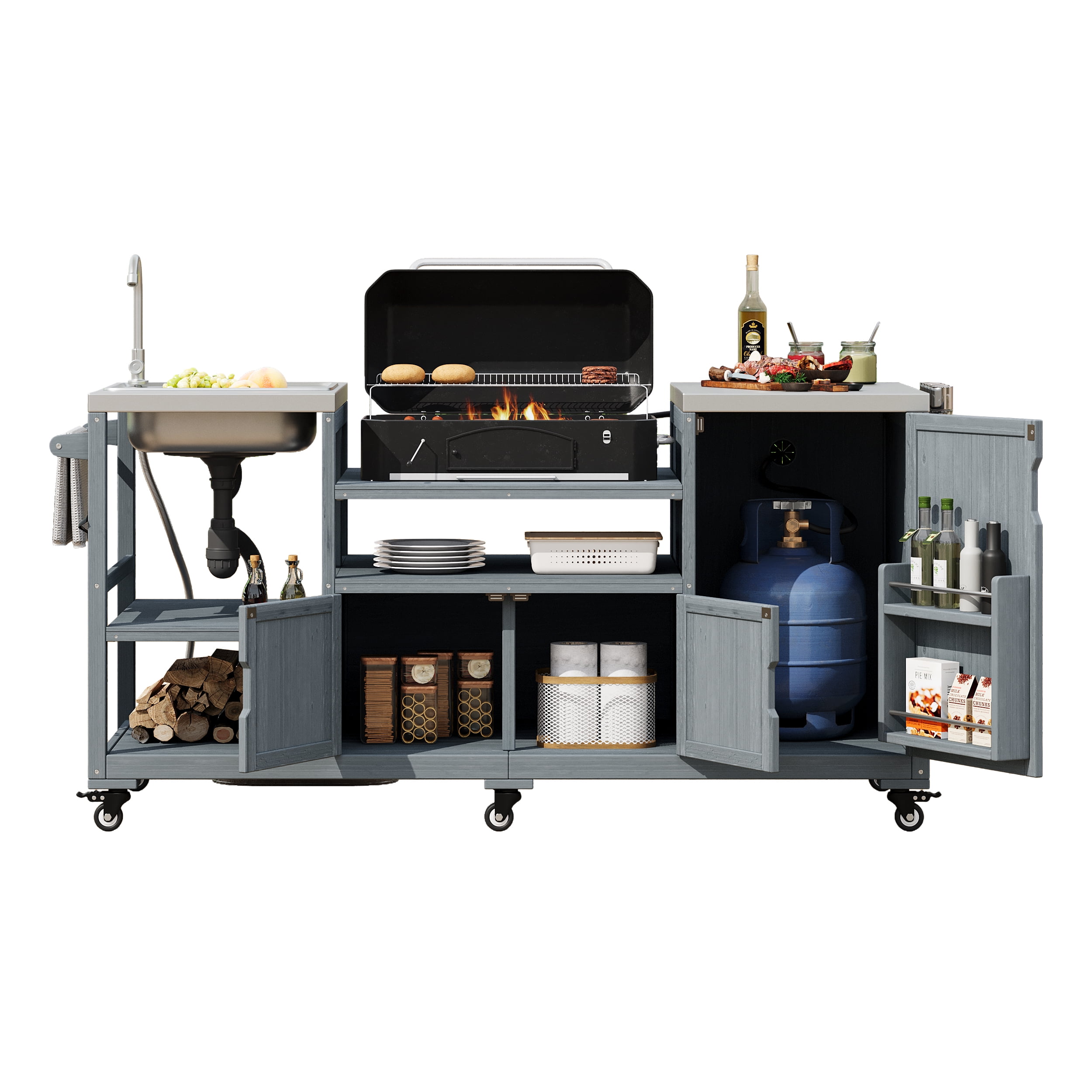 Euroco 75.4" Outdoor Kitchen Island with Sink, Solid Wood Outdoor Grill Cart for Big Green Egg Grills, Rolling Outdoor Bar Cart with Stainless Steel Top, for Pizza Prep & BBQ