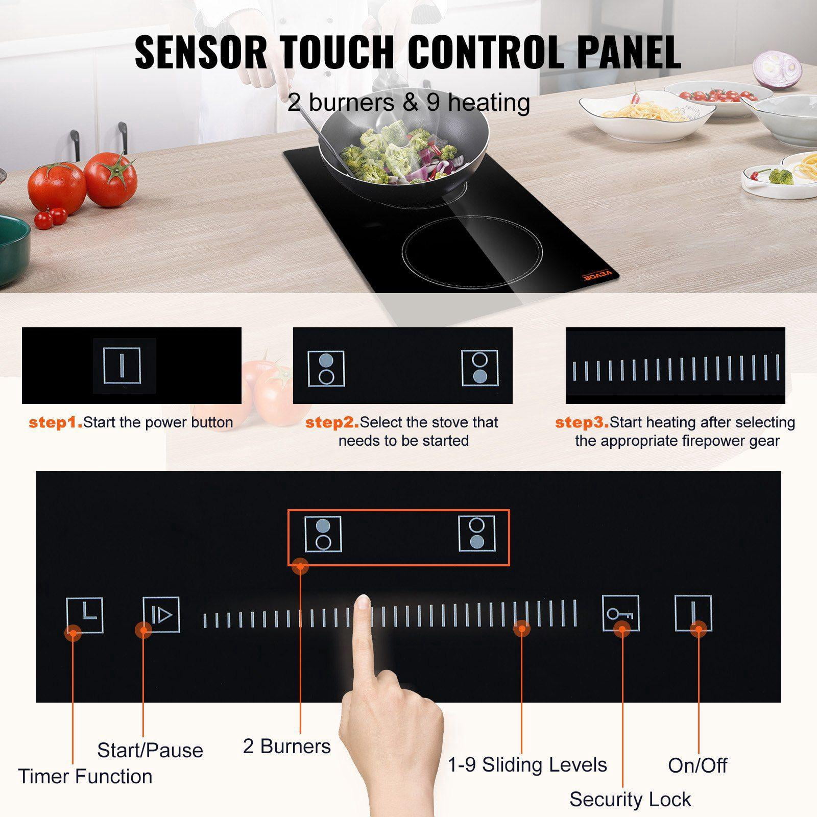 Built in Electric Stove Top 20 x 11.6 Inch 2 Burners 240V Glass Radiant Cooktop with Sensor Touch Control Timer Child Lock 9 Power Levels for Simmer Steam Slow Cook Fry