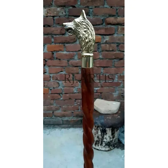 Handmade Wooden Walking Cane with Solid Brass Wolf Head Handle – Vintage Style Stick for Men, Gift & Collectors