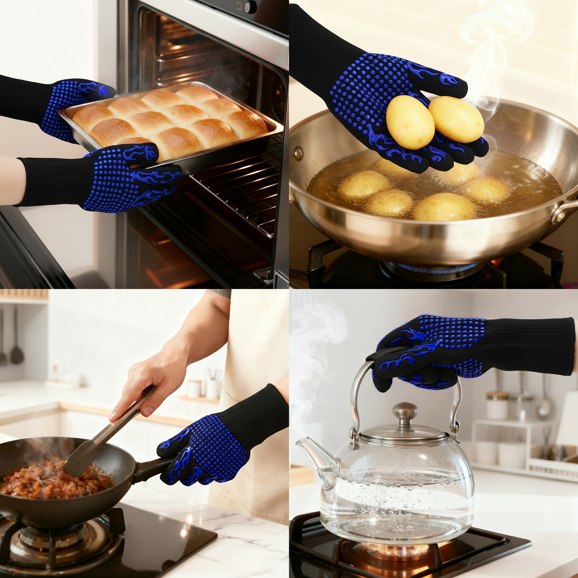 Unique Bargains Oven Mitts Heat-Resistant Cooking Gloves Blue 12.6x5inch