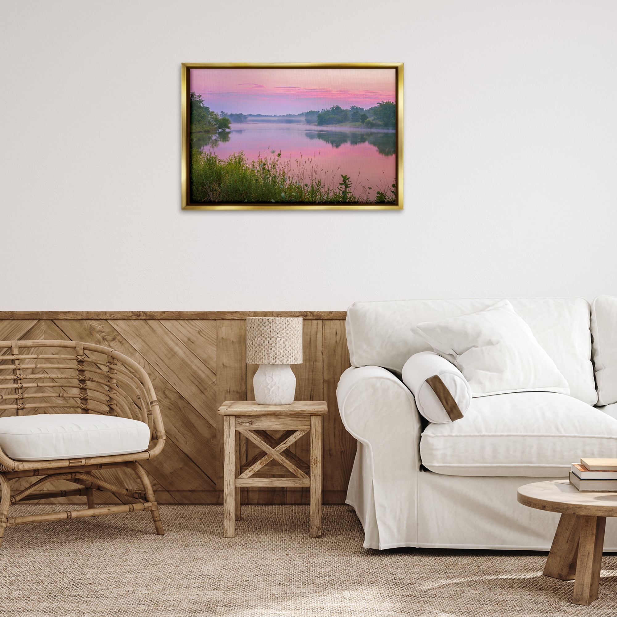 Stupell Industries Pink Dawn Sunrise Lake Landscape & Nature Photography Gold Floater Framed Canvas Art Print Wall Art, 31 x 21