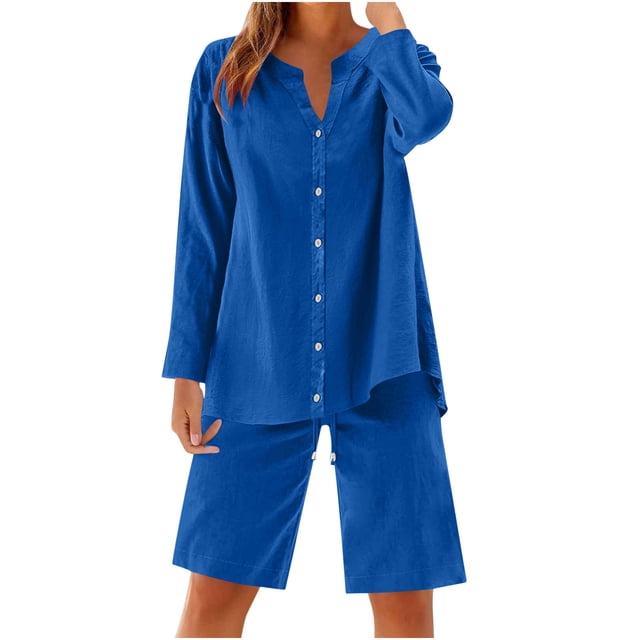 UAMVSH Women Button down Two Piece Sets Plus Size Cotton Linen Long Sleeve Shirts and Drawstring Bermuda Shorts Beach Outfits(Large,Blue)