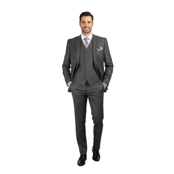 Mens Vitali Three Piece Suit Vested Semi Shiny Sharkskin M3090 Charcoal Gray