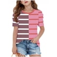 thumbnail image 3 of jobturf Girls Shirts Patchwork Color Block Striped Puff Short Sleeve Blouses Holiday Beach Vacation Basic Tees Summer Tops Size 4-15 Years, 3 of 5