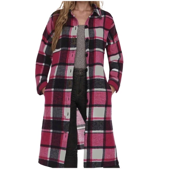 Busydd Jackets for Women Casual Comfy Lapel Button Long Sleeve Shirts for Women Fashion Long Plaid Jackets with Pockets S