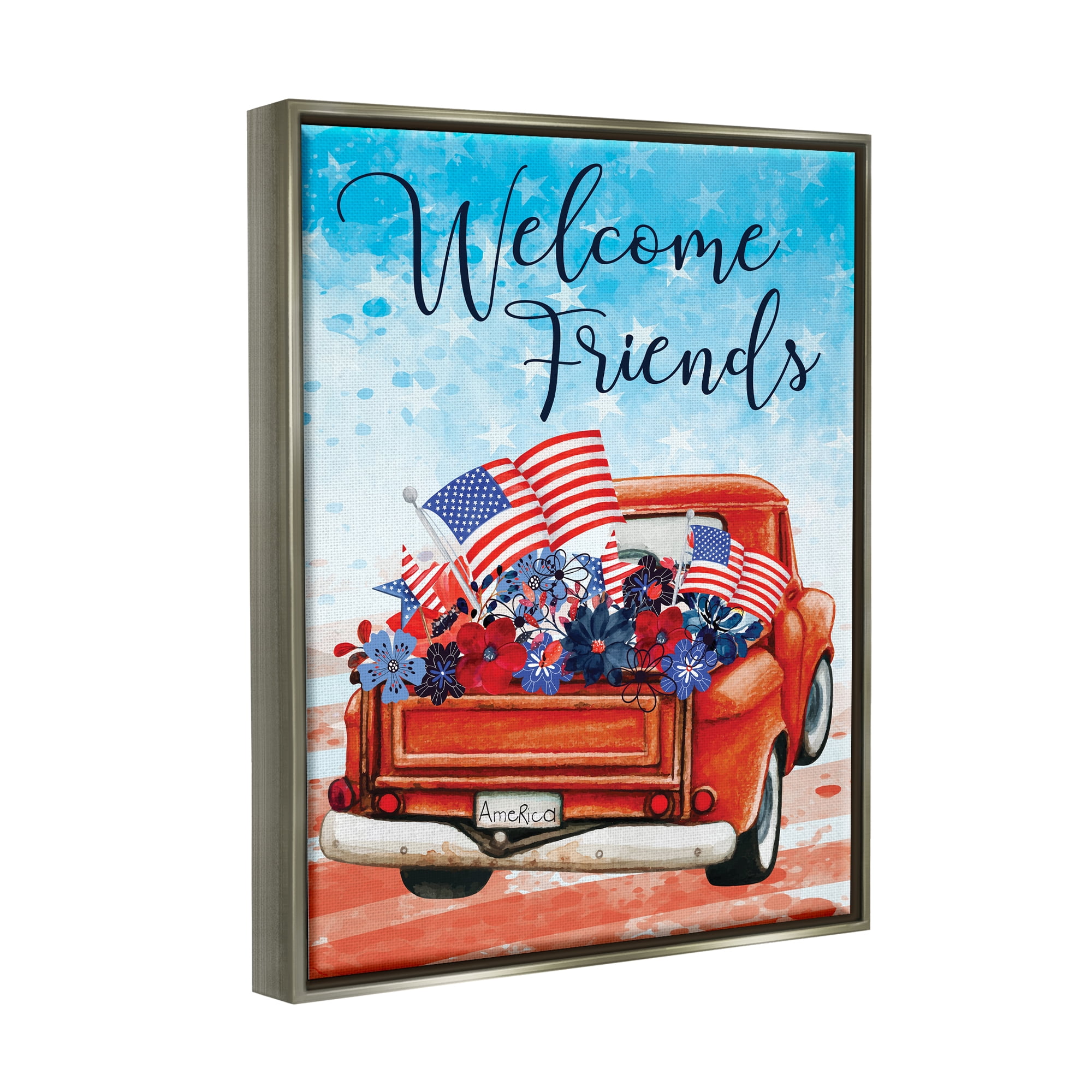 Stupell Welcome Friends Americana Pickup Truck Holiday Painting Gray Floater Framed Art Print Wall Art