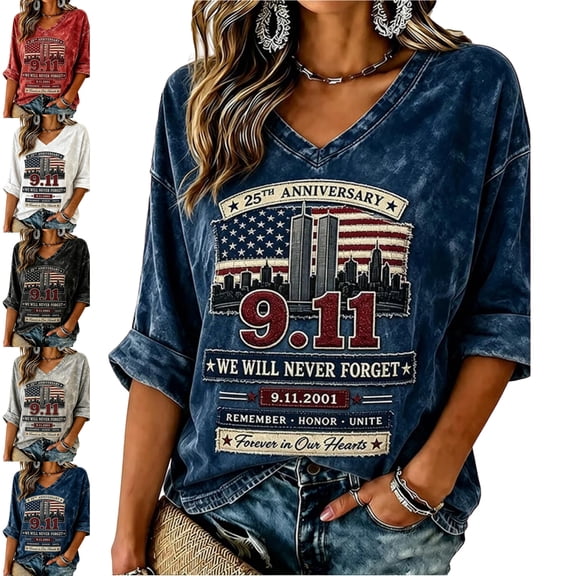 9/11 25th Anniversary Shirt 911 We Will Never Forget Memorial Day Womens Tops 3/4 Sleeve Patriotic American Flag Graphic T-Shirt Dark Blue 2XL