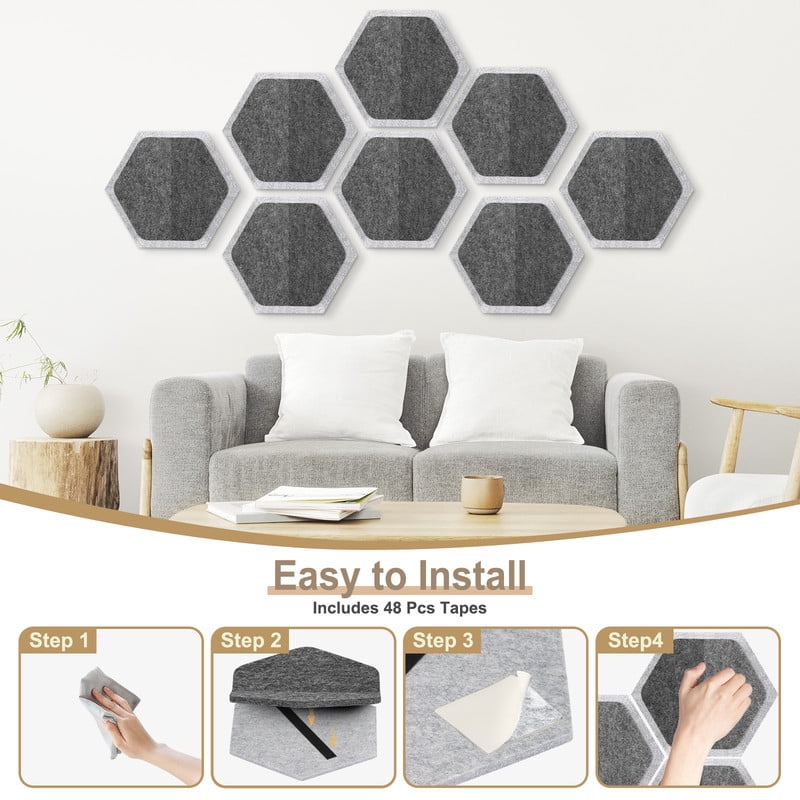 DOLLAR BOSS 8 Pcs Hexagon Felt Cork Board Tiles, Bulletin Board Strips Self Adhesive DIY Bulletin Board Pin Board for Home Wall Decor Stickers Memos Photos Display Notes, Photos, Schedules, Dark Gray