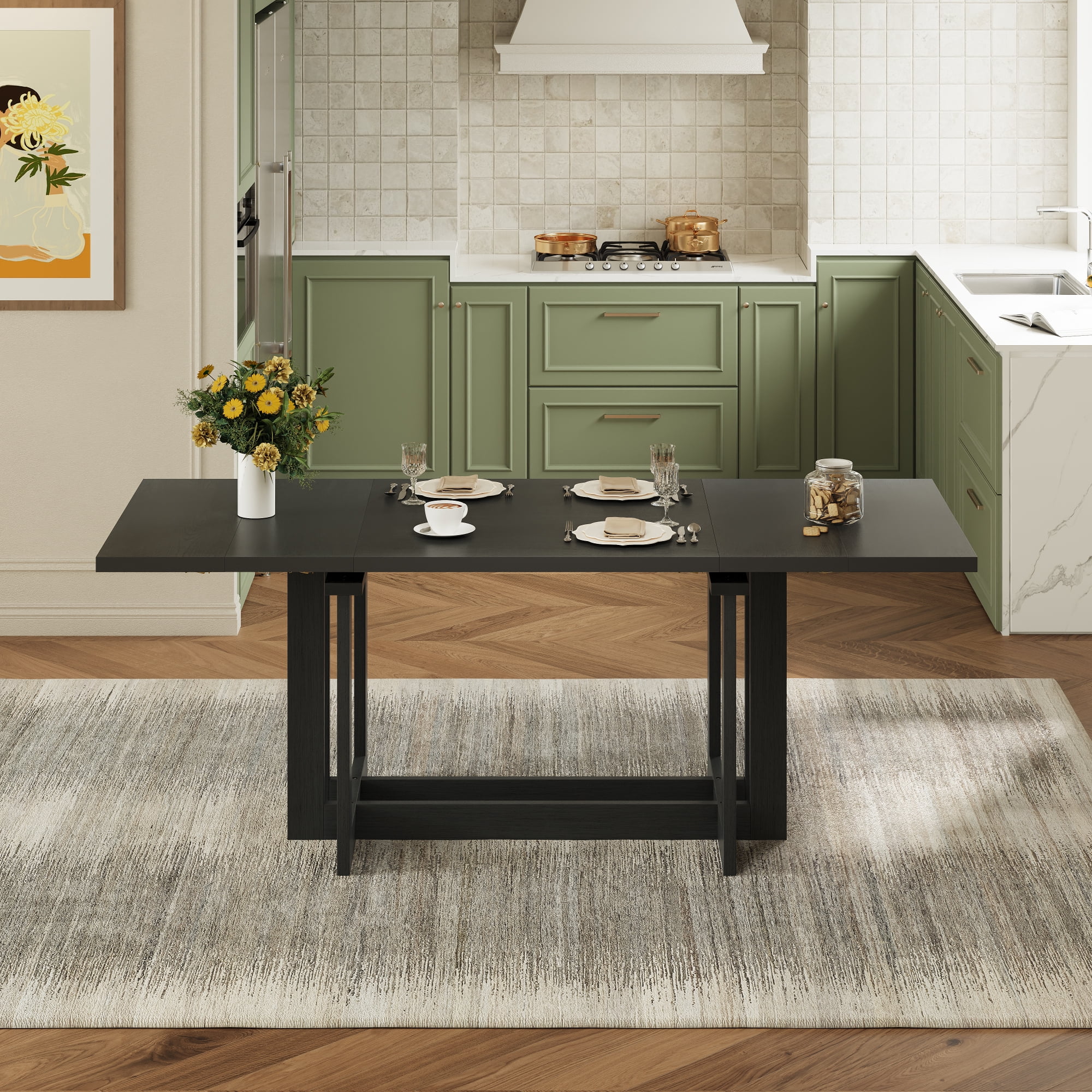 Euroco 58"-82" Extendable Dining Table for 6, Large Rectangular Kitchen Table with Removable Leaves, Solid Wood Rustic Table for Dining Room,Home Office, Living Room,Grey