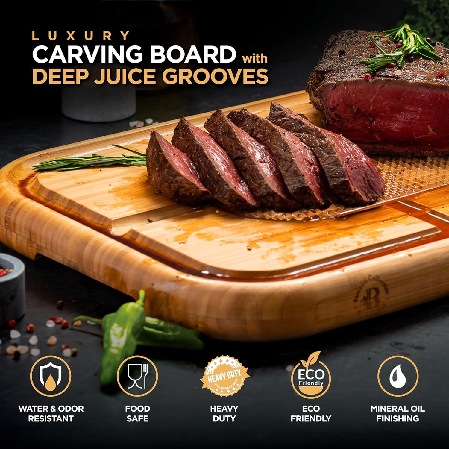 Large Cutting Board for Meat - Bamboo Butcher Block with Juice Groove, Pyramid Design to Stabilize Meat, Serving Tray & Chopping Board for Countertop