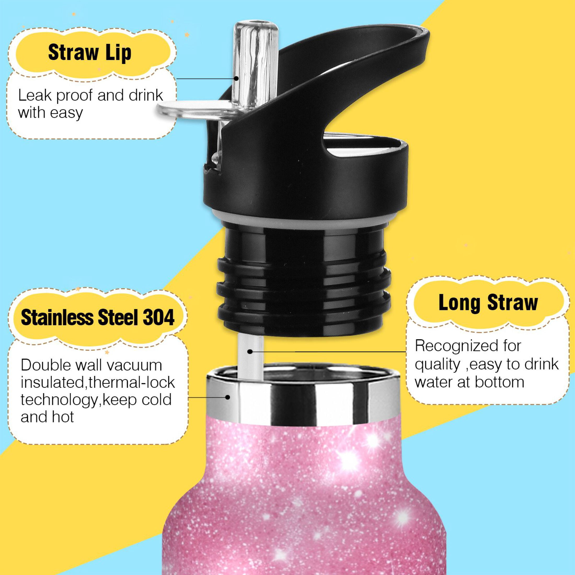 Kids Insulated Stainless Steel Sports Water Bottle 600ml (20oz) Pink Glitter Background