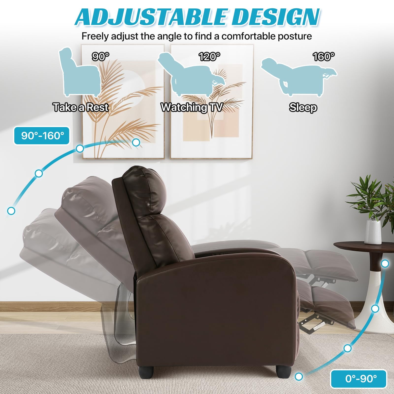 NiamVelo Recliner Chair for Adults, PU Leather Recliner Sofa with Lumbar Support, Adjustable Modern Reclining Chair with Padded Seat Backrest for Home, Living Room, Theater （Brown）