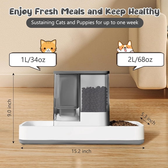 2-in-1 Gravity Automatic Cat Feeder and Water Dispenser, Detachable Pet Food and Water Station for Small Dogs and Cats, Gray
