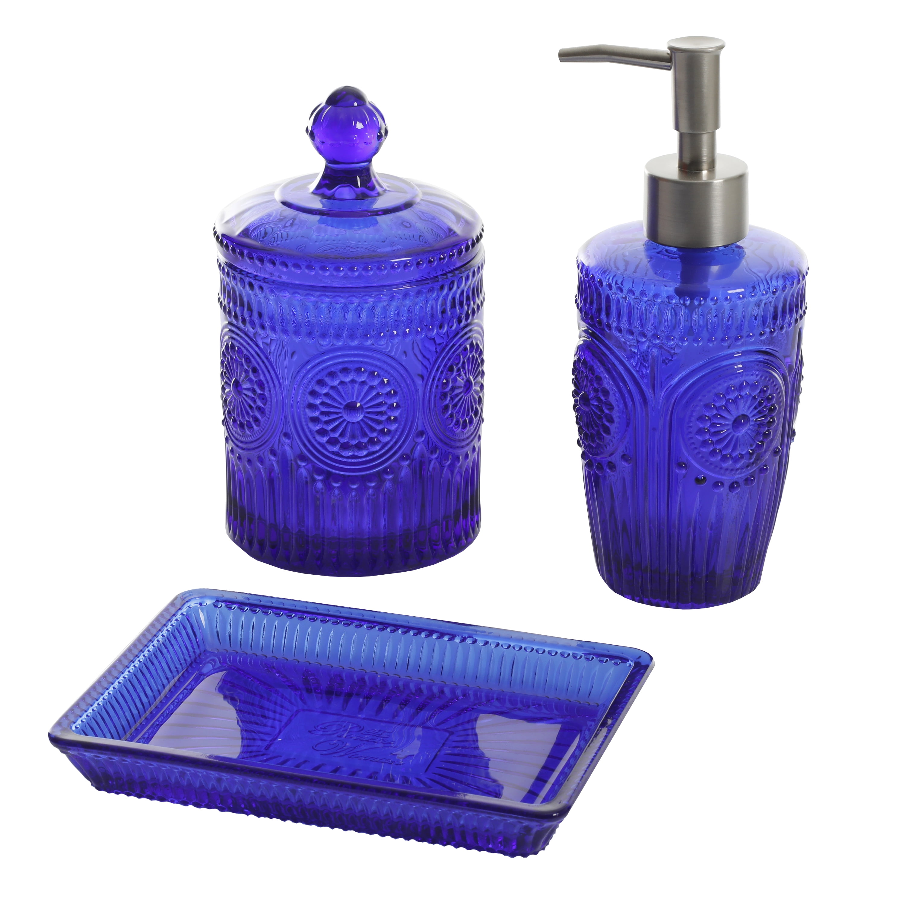 Teal 2 Piece Embossed Glass Bath Accessory Set, The Pioneer Woman Amelia, Size: Assorted(8.0 cm x 20.3 cm, 355 mL)TBH: 4.38 in W x 3.38 in D x 4.7 in