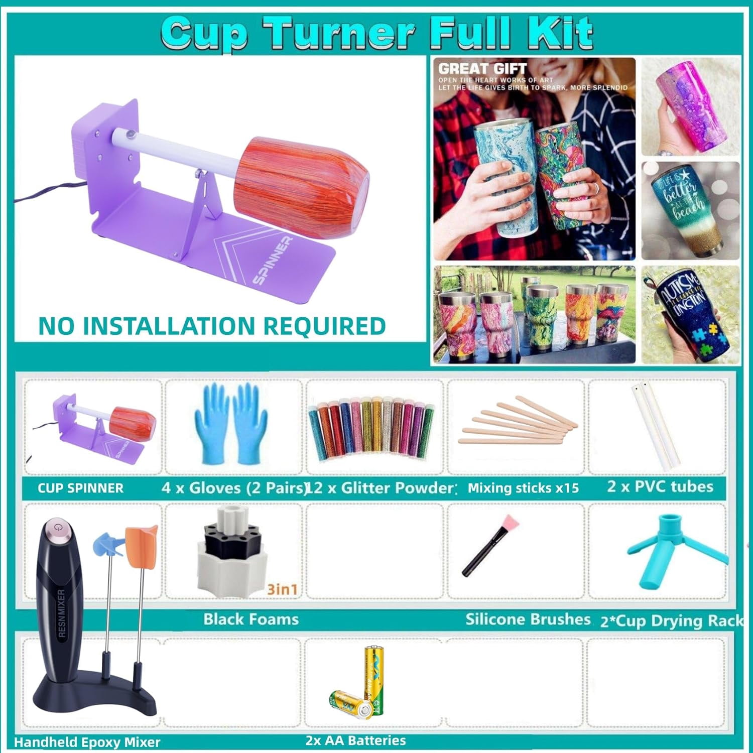 Cup Turner for Crafts Tumbler,Tumbler Cup Spinner,Glitter Powder,Epoxy Resin kit for Tumblers for Beginners with Foam