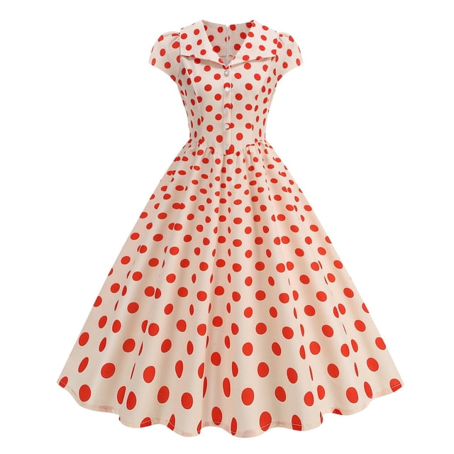 TaTaai Womens Casual Vintage Polka Dot Print Stand Collar Short Sleeve Button Down Flared Dress Elegant Fashion Lightweight Spring Summer Outfits Gift