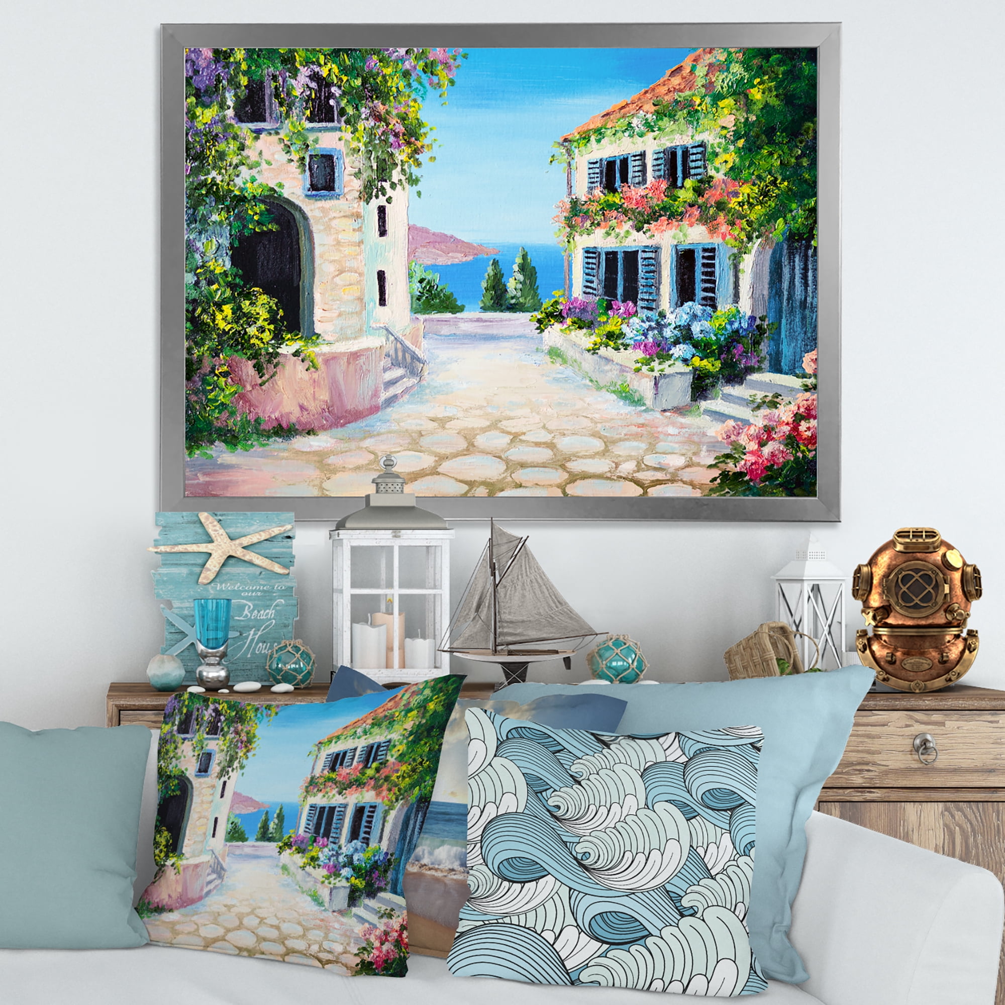 Designart 'Blossoming Flowers With White Houses With Near The Sea' Nautical & Coastal Framed Art Print