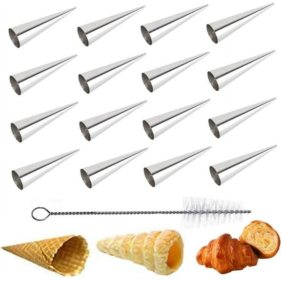 16PC Cream Horn Molds & 1PC Cleaning Brush, 5 Inch Cone Baking Molds Stainless Steel Roll Horn Forms, Conical Danish Pastry Croissant Cones Molds (Silver)