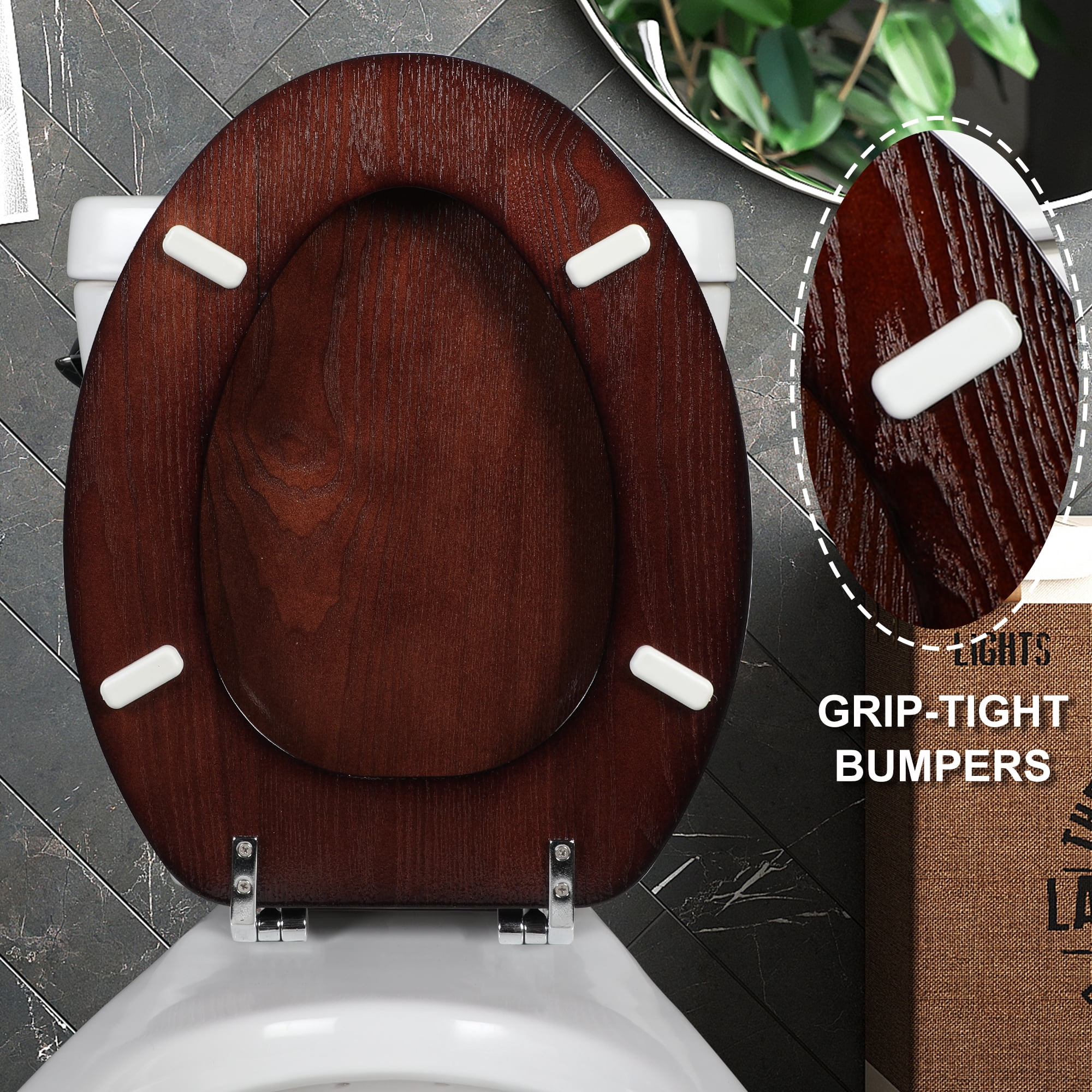 Angol Shiold Wood Elongated Toilet Seat, Easy Clean, Metal Hinges ( Elongated 18.5'', Dark Walnut )