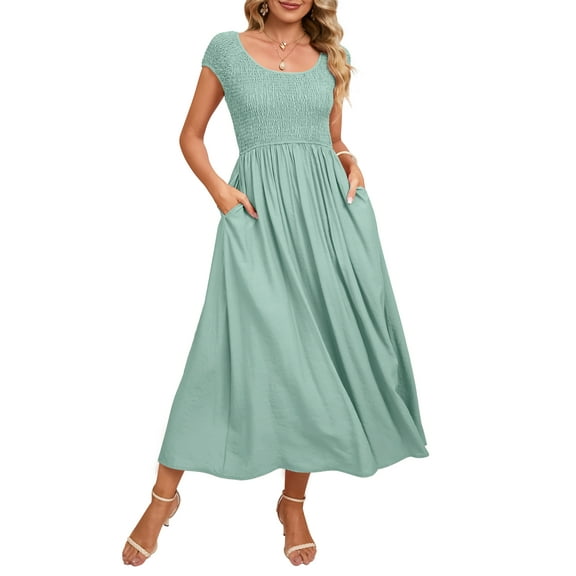 Yesfashion Wholesale Women's Casual Round Neck Short Sleeve Midi Dress Stretchy Waist Long Dress